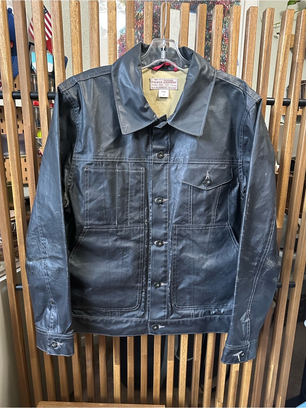 Filson Tin Cloth Short Lined Cruiser Jacket Black Waxed Canvas USA Made M Patina